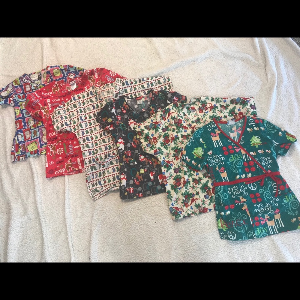 6 SCRUB TOPS & 2 Jackets-Winter/Christmas